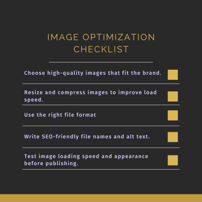Image optimization checklist for web design, featuring steps like resizing, file format selection, and SEO-friendly file naming.